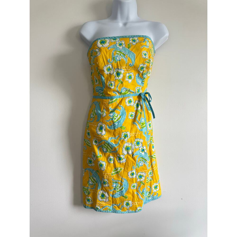 Lilly Pulitzer Strapless‎ Dress 6 Yellow Floral Monkeys Tropical Summer Bright